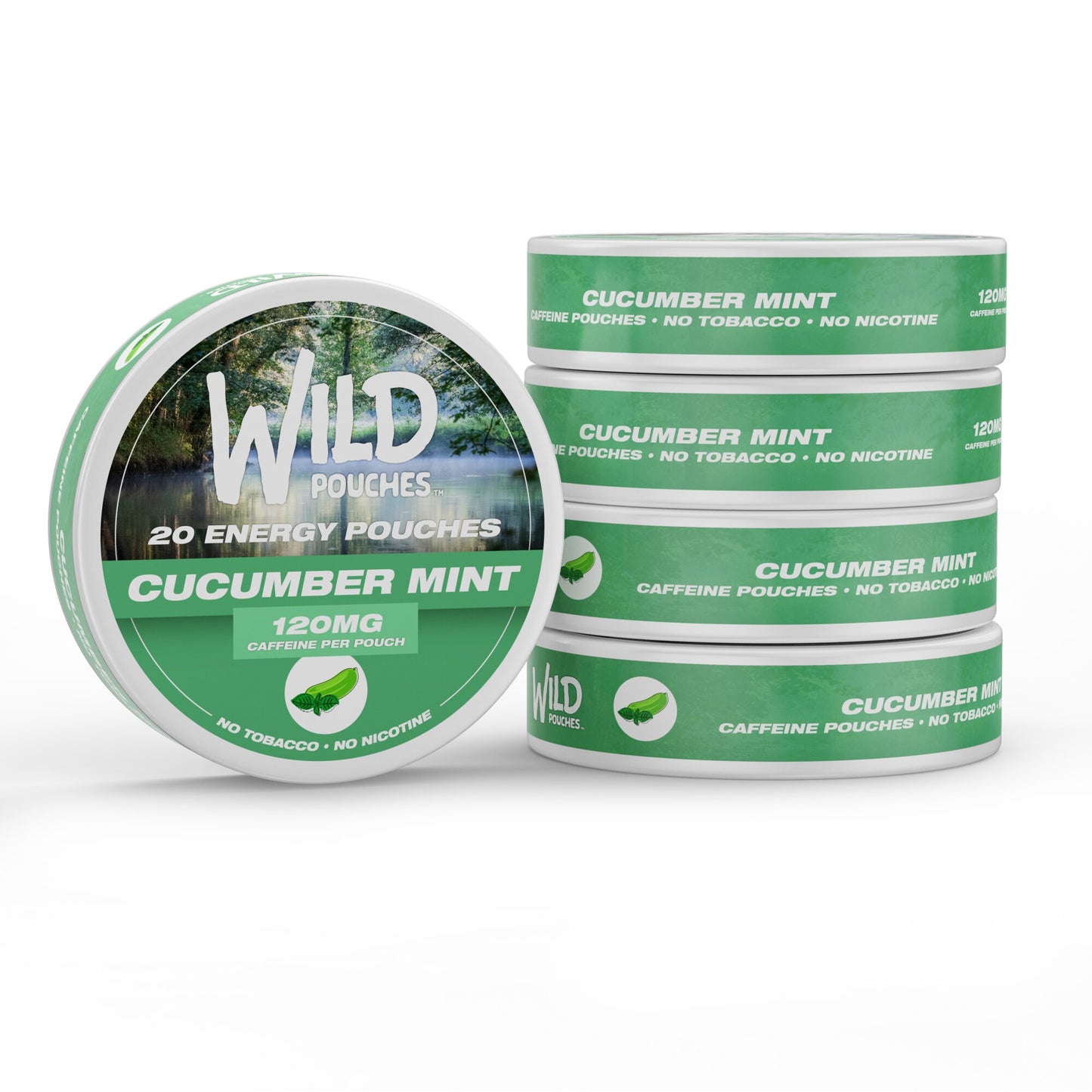 Cucumber Mint 120mg caffeine pouches stacked tins