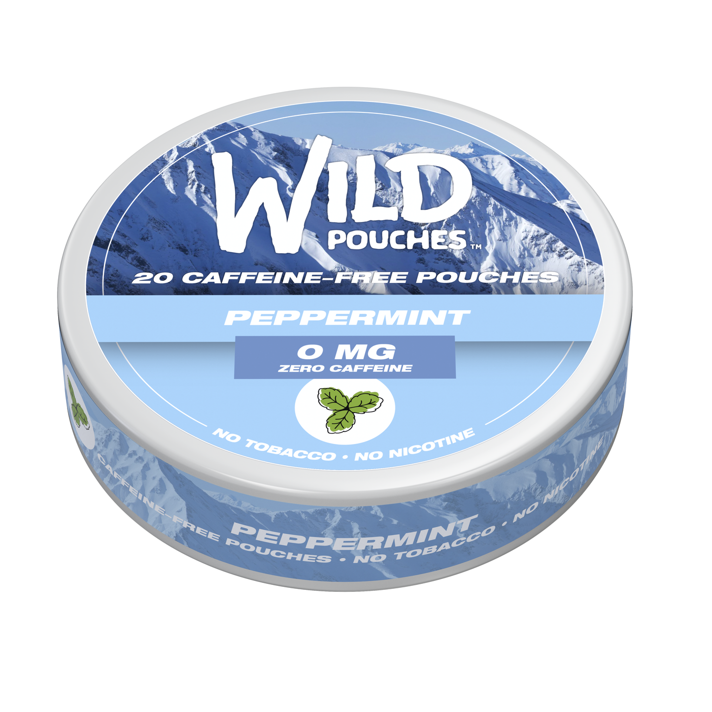 Peppermint caffeine pouches tin, three-quarter view