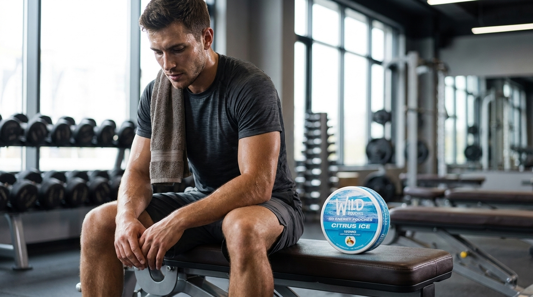 Wild Pouches caffeine pouch tin on a gym bench during a workout