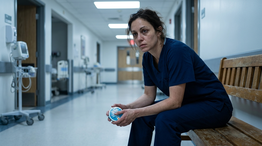 Night-shift nurse holding a Wild Pouches caffeine pouch tin