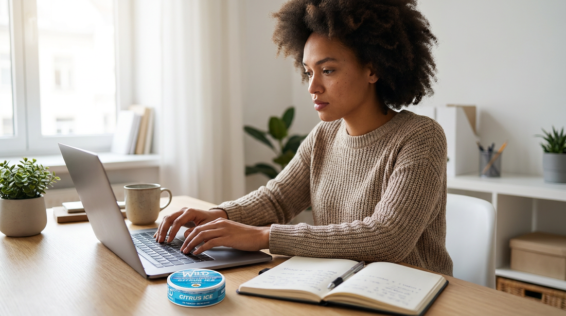 Focused worker at a desk with a Wild Pouches caffeine pouch tin