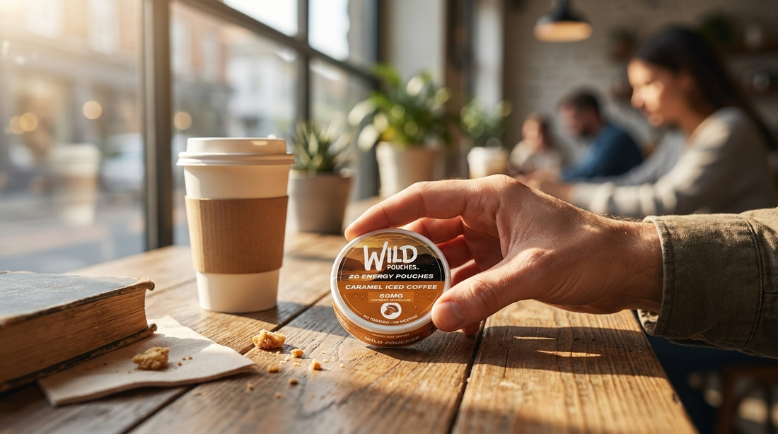 Wild Pouches caffeine pouch tin beside a coffee cup