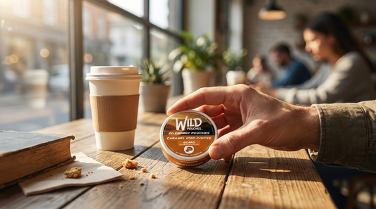 Wild Pouches caffeine pouch tin beside a coffee cup