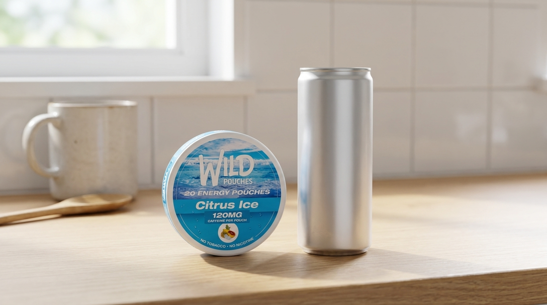 Wild Pouches caffeine pouch tin beside an energy drink can
