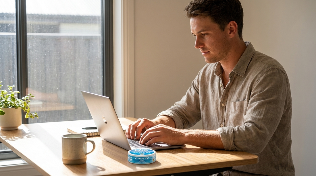Alert, energized person at a standing desk with Wild Pouches