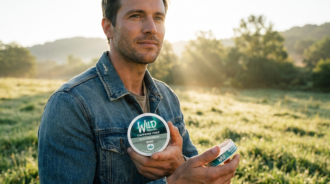 Person holding a 0mg caffeine-free Wild Pouches tin, fresh start