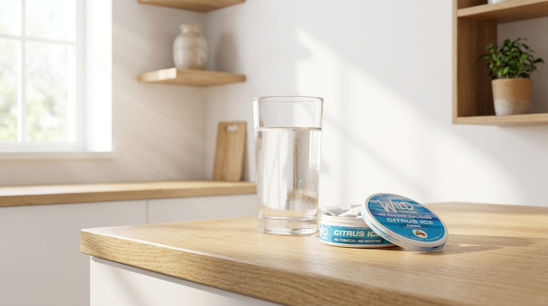 Wild Pouches caffeine pouch tin with a glass of water in the morning