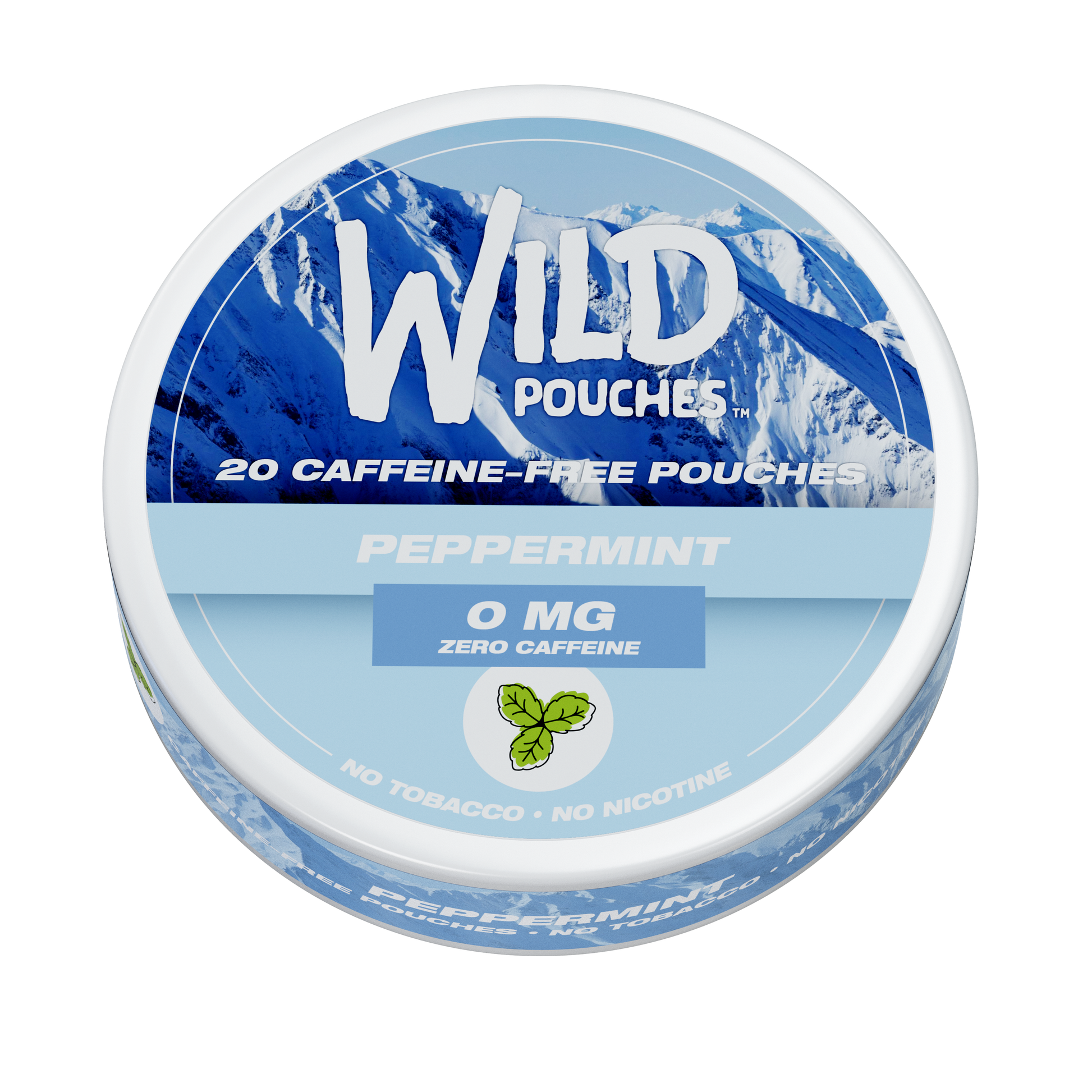 Peppermint caffeine pouches tin, high-angle view