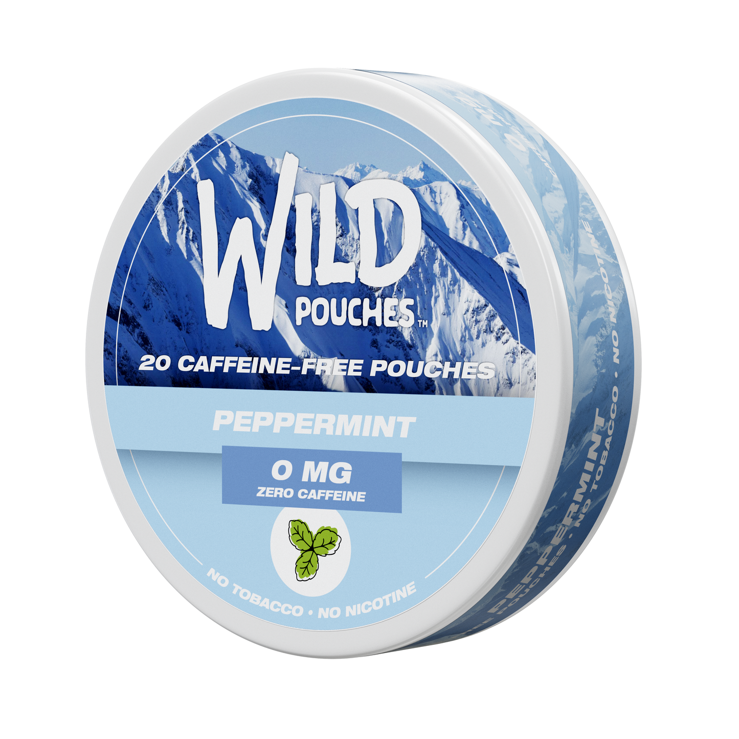 Peppermint caffeine pouches tin, side view