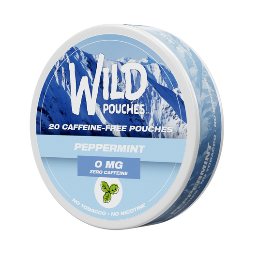 Peppermint caffeine pouches tin, side view