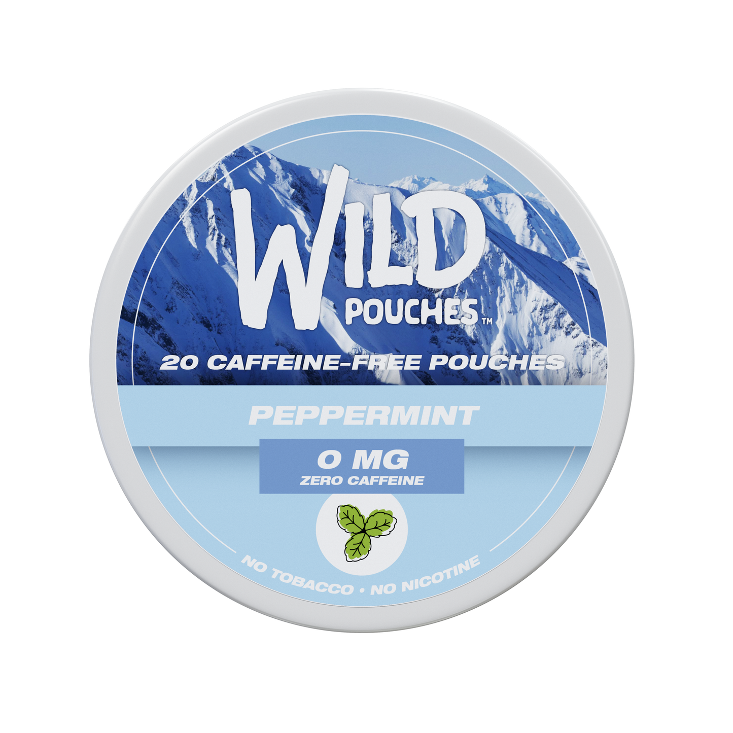 Peppermint caffeine pouches tin, top-down view