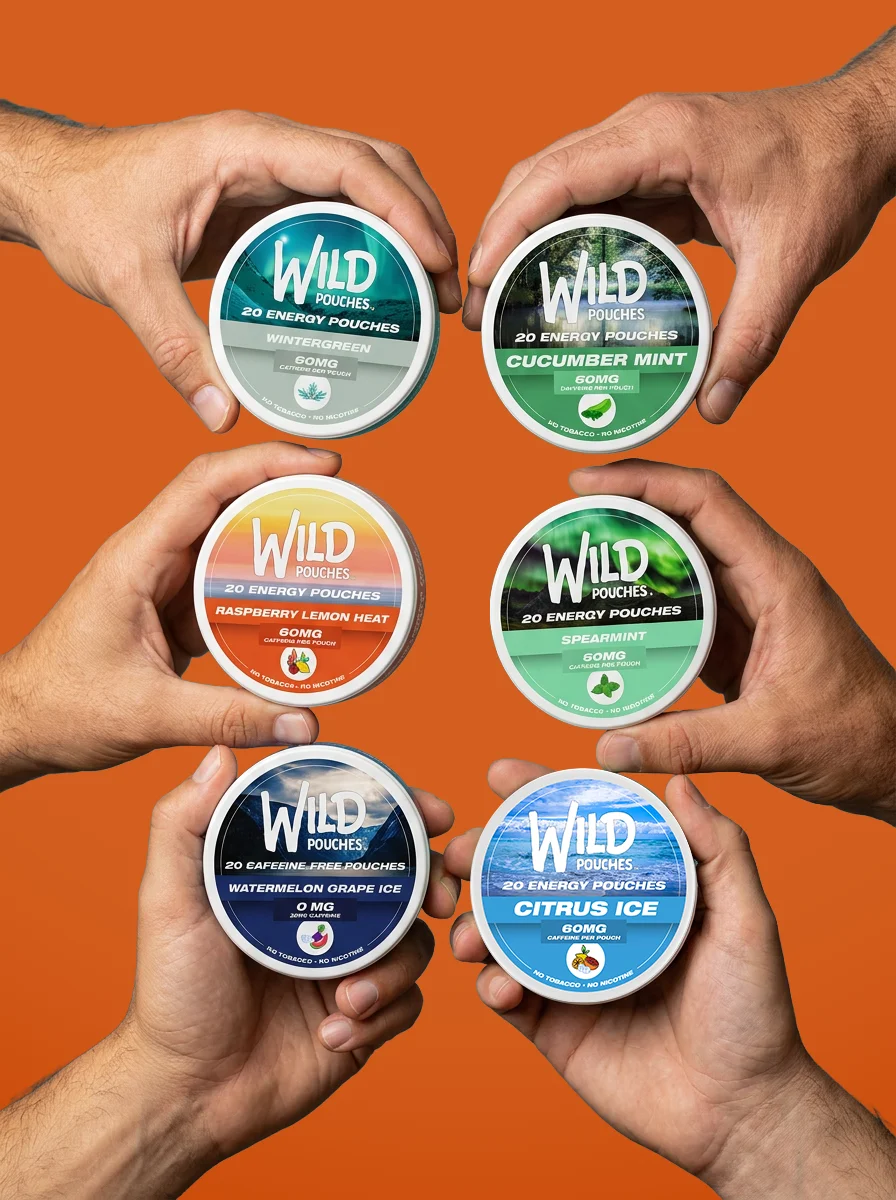 Six hands each holding a can of Wild Pouches on an orange background