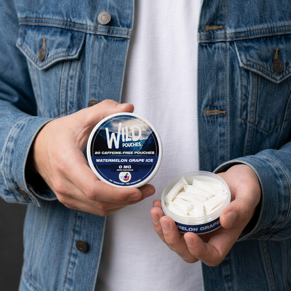 Person in a denim jacket holding an open can of Wild Pouches showing the pouches inside